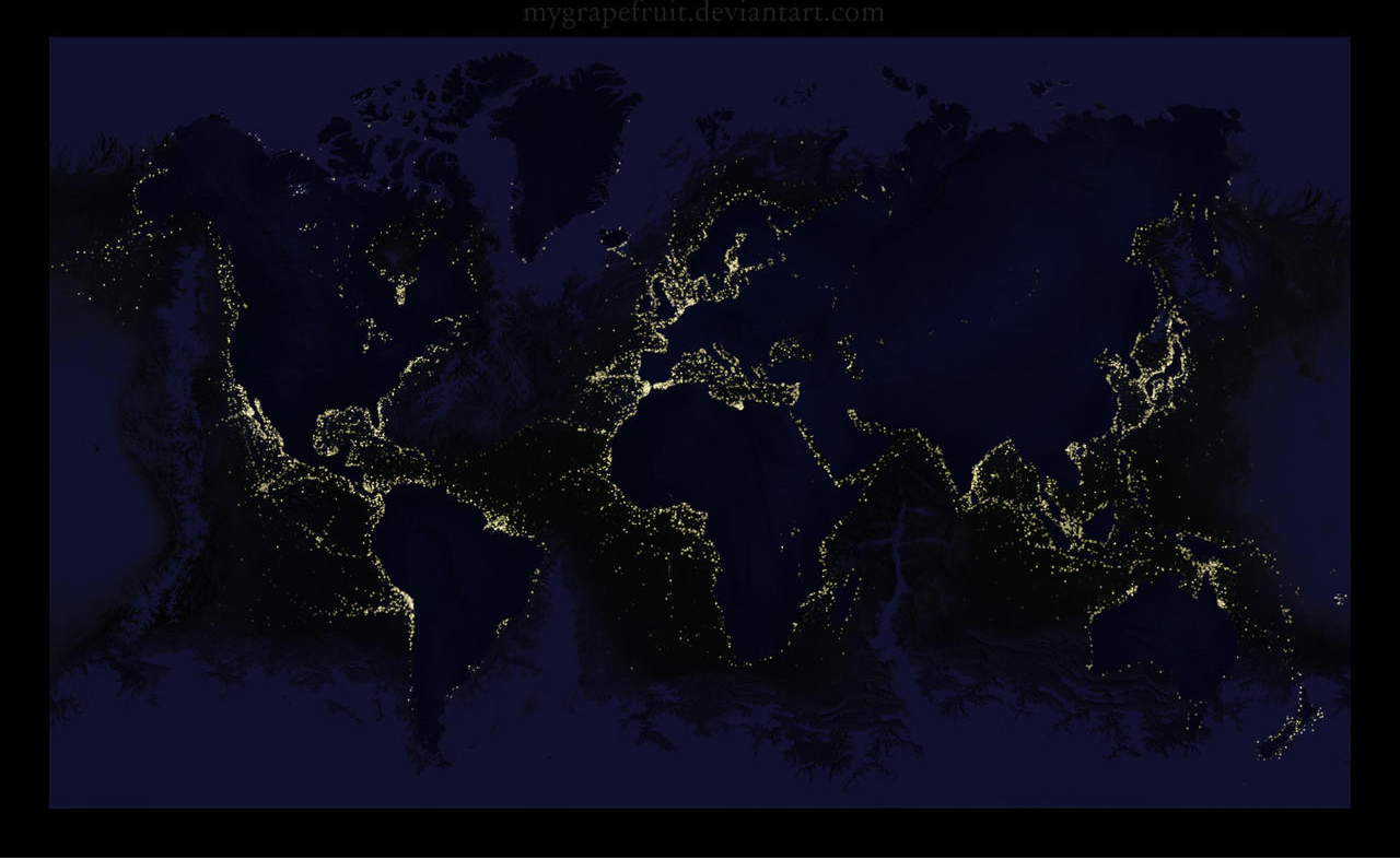 陆地和海洋翻转过来之后的夜晚，可以看出人们几乎只能在“大陆”的边缘生存