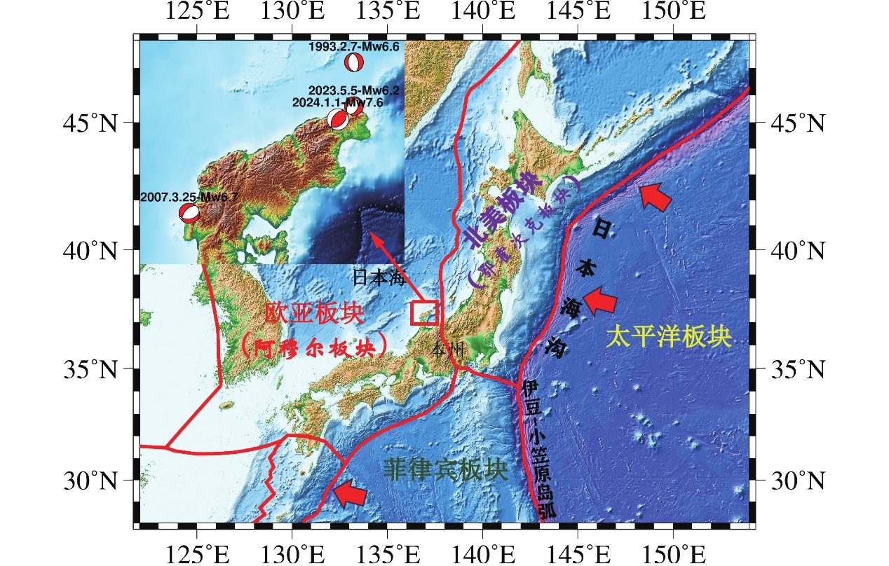 日本主要板块构造分布及能登半岛1993—2024年间历史强震分布
