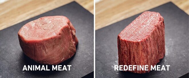 一块普通动物肉(左)与一块3D打印肉(右)